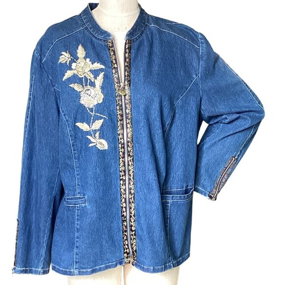 Vintage Yi Lin Oriental Embroidered Denim Zip Jacket Plus Sz 1X Blue #200N - Picture 2 of 11